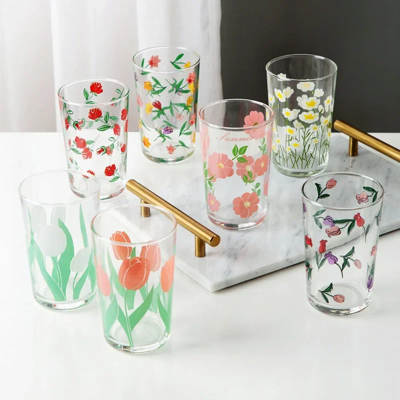 7 Flower Patterns 300Ml Korean Tulip Daisy Wine Glass Juice Cup Printing Rose Cosmos Flower Creative Tumbler Drinking Set Gift