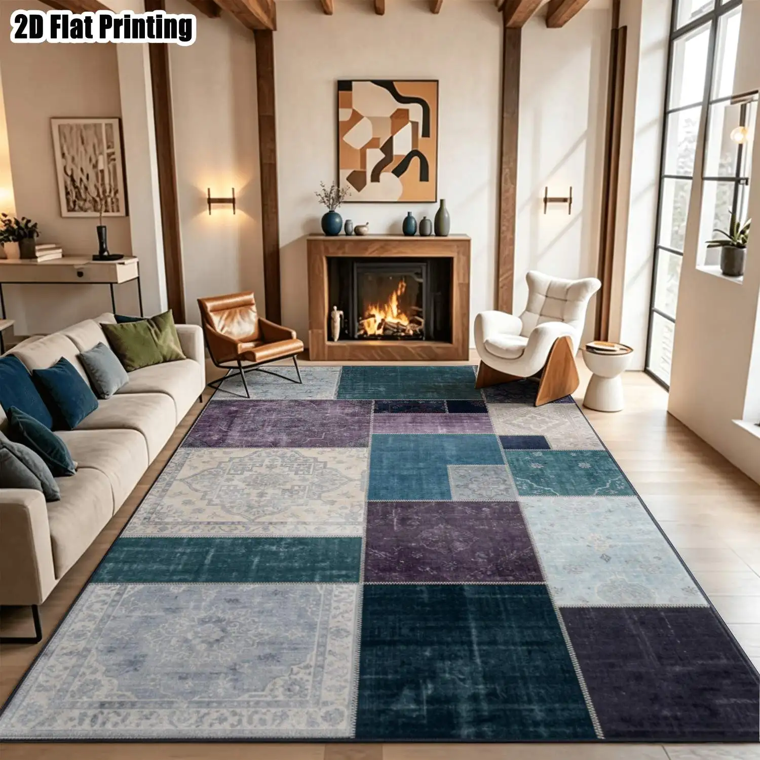 1Pc 2D Printed Retro Blue-Purple Geometric Patchwork Carpet, European Style, Multi-Size, Machine Washable, Ideal for Home Decoration & Multi-Scenario Use