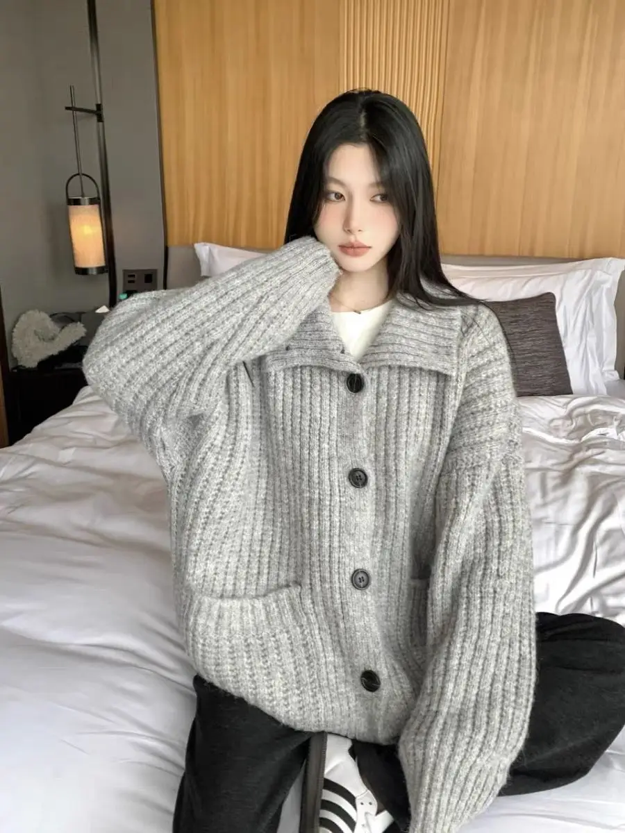 Knitted Cardigan Pocket Single-Breasted High Collar Lapel Autumn Winter Simple Solid Color Sweater For Women Casual Loose Retro