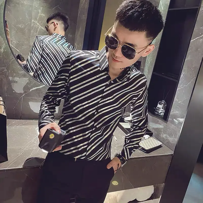 Spring Autumn New Fashion Striped Solid POLO Collar Long Sleeve Blouse Men\'s Clothing Casual Loose Thin Versatile Chaopai Shirts