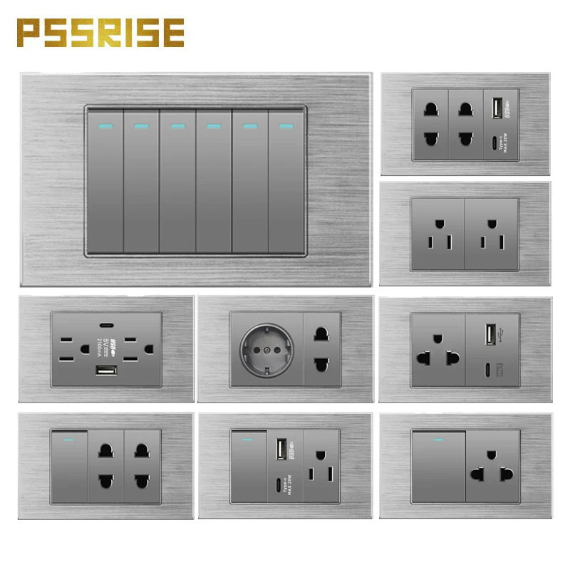 

AU US EU power socket switch 5V 2.1A with Type-c USB charger aluminum alloy panel wall switch socket light switch power socket