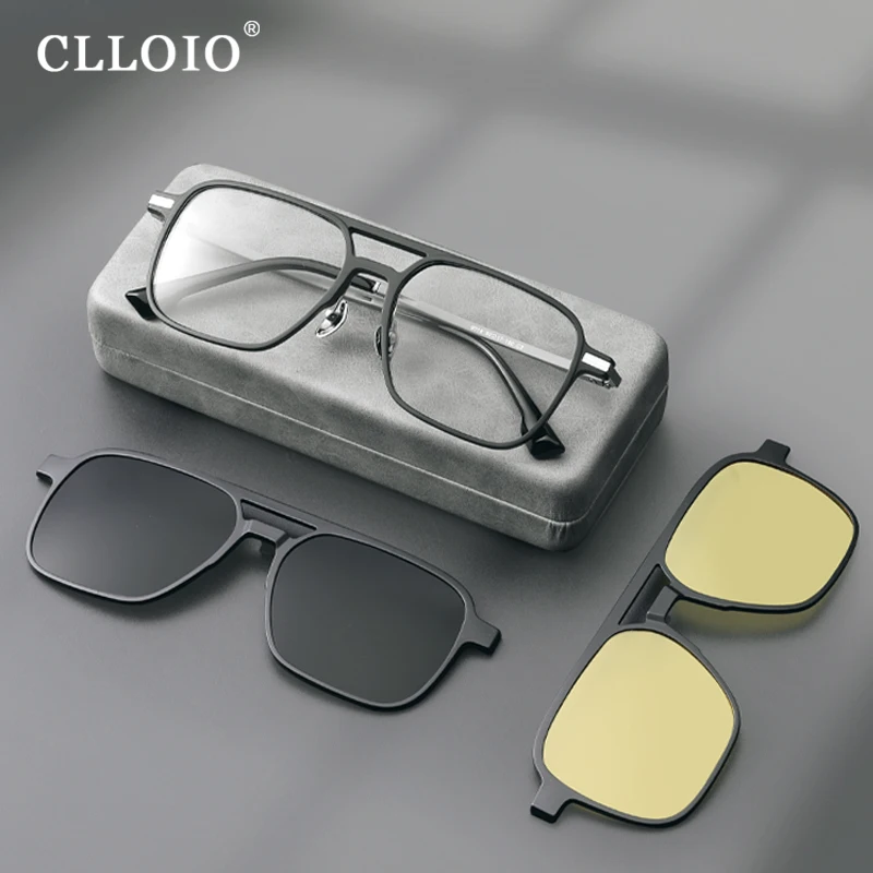 CLLOIO Men Square TR90 Magnetic Clip On Sunglasses Polarized Day Night Vision Driving Glasses Customized Optical Lens UV400 9018