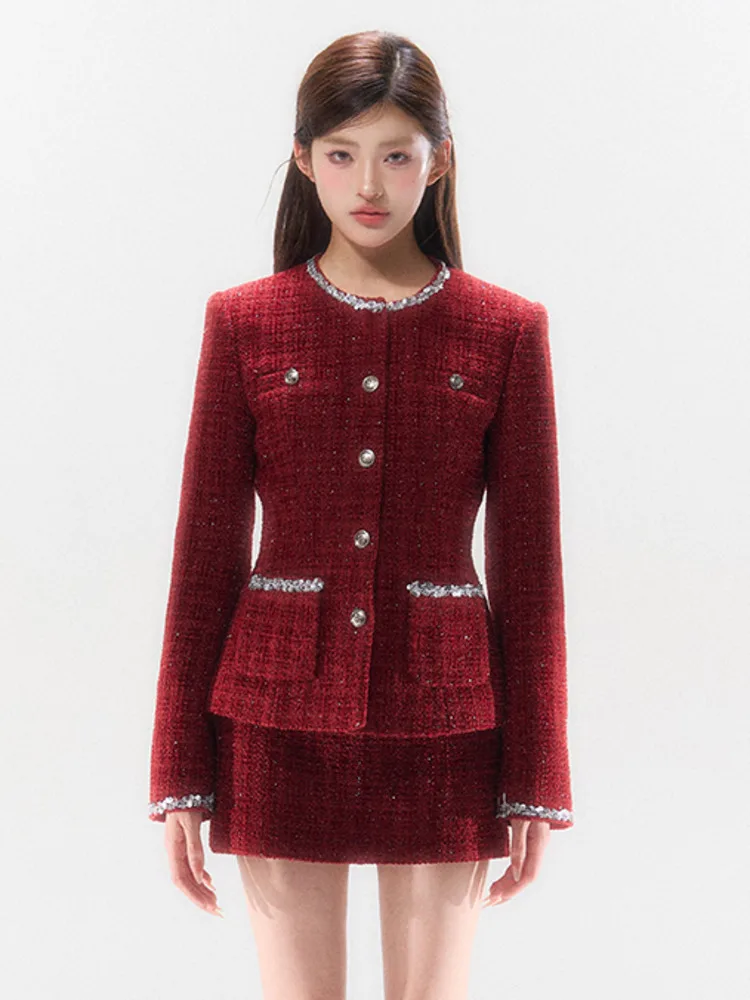 High Quality French Tweed Two Piece Set Women Luxury Jacket Coat + Mini Skirt Suits Fall Winter Sweet Christmas 2 Piece Outfits