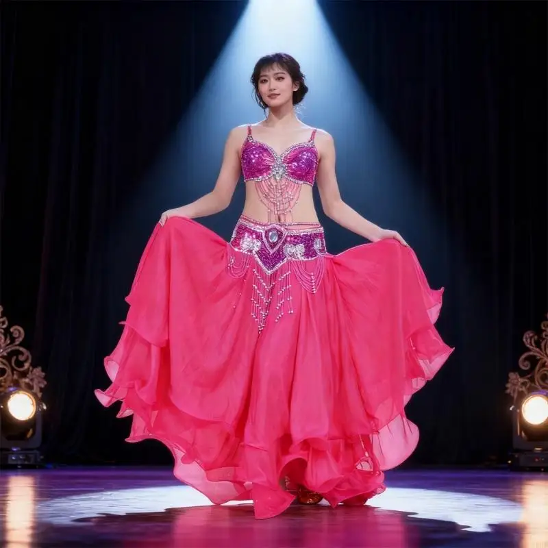 Costumes danse du ventre pour femmes, 14 couleurs, 3 couches mousseline, jupes à ourlet roulé, vêtements spectacles sur