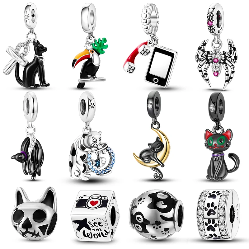 

Fashion 925 Sterling Silver Black Series Cat Handbag High Heels Charms Beads Fit Original Qikaola Bracelets DIY Jewelry Making