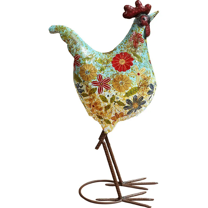 Vintage Floral Iron Rooster Statue, American Country Floor Ornament, Courtyard Villa Garden Shop Soft Decor