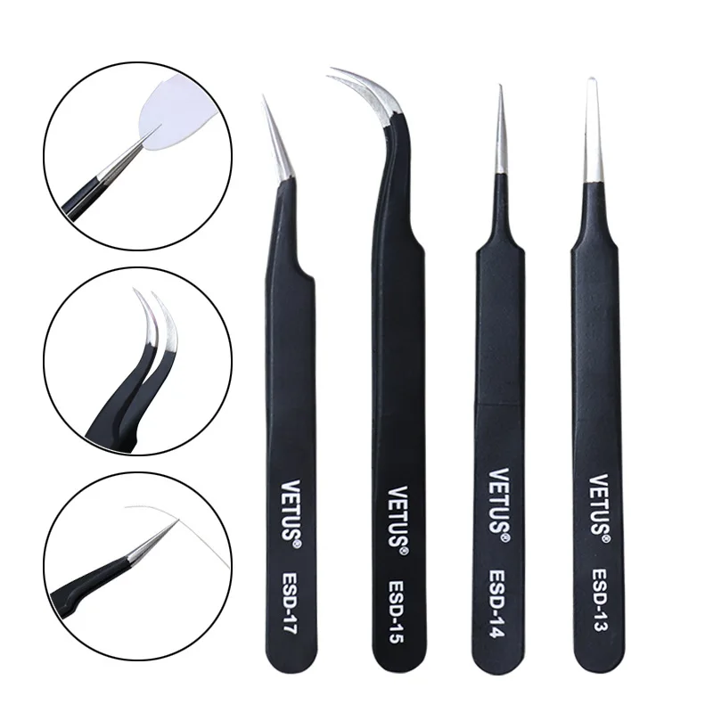 Vetus ESD False Eyelash Tweezers Anti Static Lash Tweezers Straight Curved Tip Precision Tweezers For Eyelash Extension Grafting