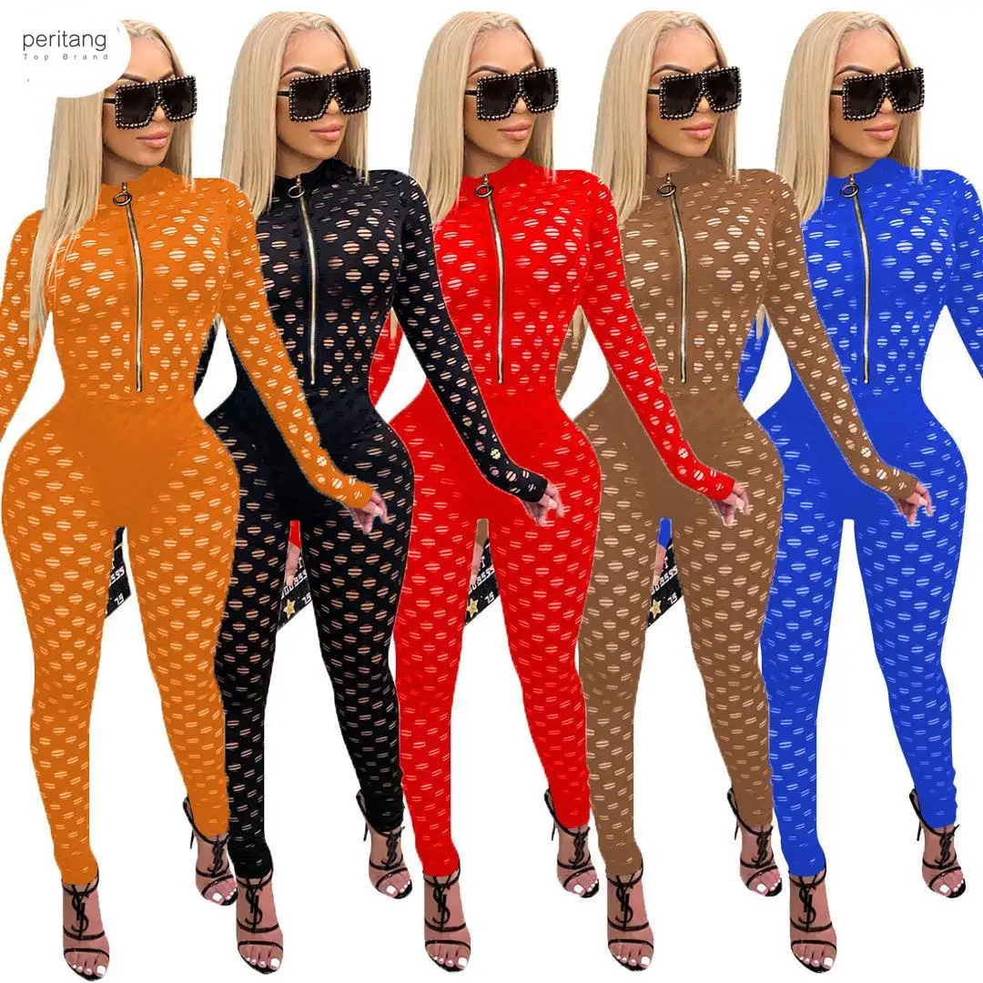 Fashion Mesh Flocking Cross Plaid Bandage Jumpsuit Women Sexy Front Zipper Flare Long Sleeve Romper Casual Overalls