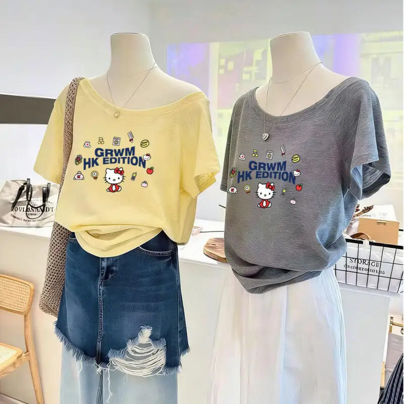 Short-Sleeved T-Shirt Hello Kitty Slanted Shoulder Cartoon Print Design One-Shoulder Temperament New Female Spring Summer Ins - view 5