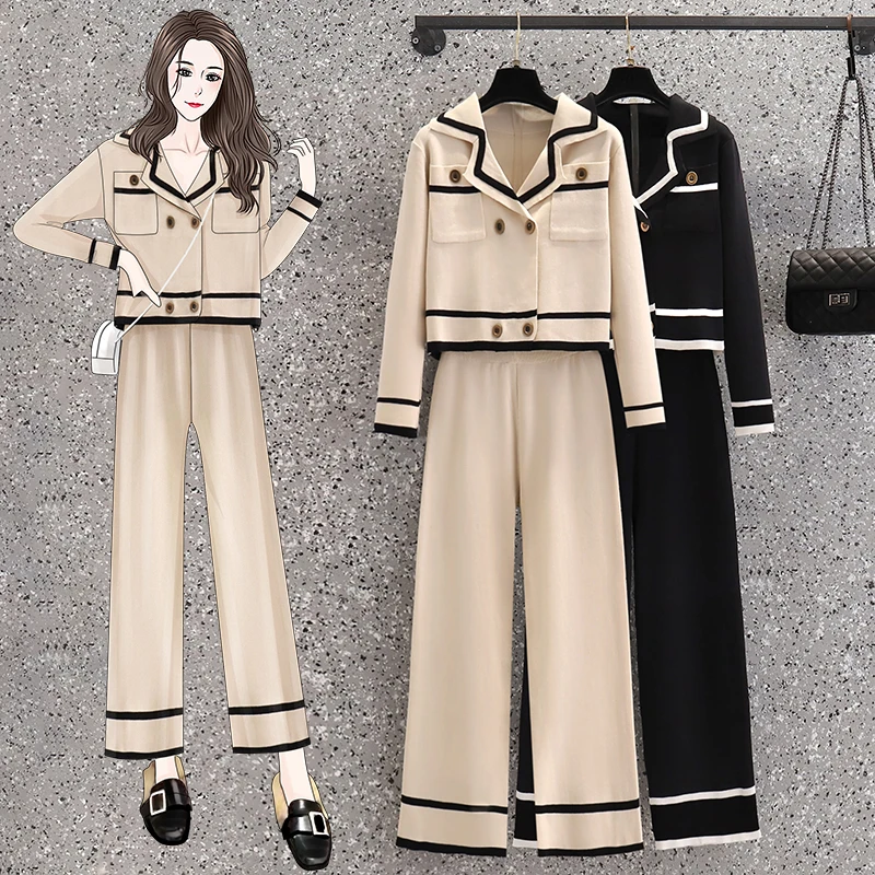 Women Knitted Set Spring Autumn Long Sleeve Notched Collar Jacket+ Wide Leg Straight Pants 2PCS Suits Lady Outfits