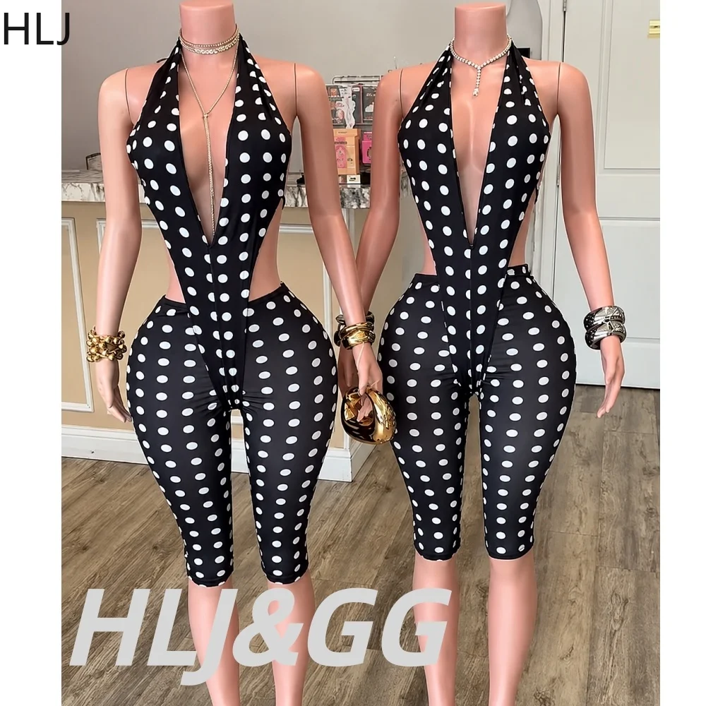 HLJ Women Sexy Polka Dot 2 Piece Shorts Set Halter Deep V Neck Cut Out Tie Front Top and Bodycon Biker Shorts Club Party Outfit
