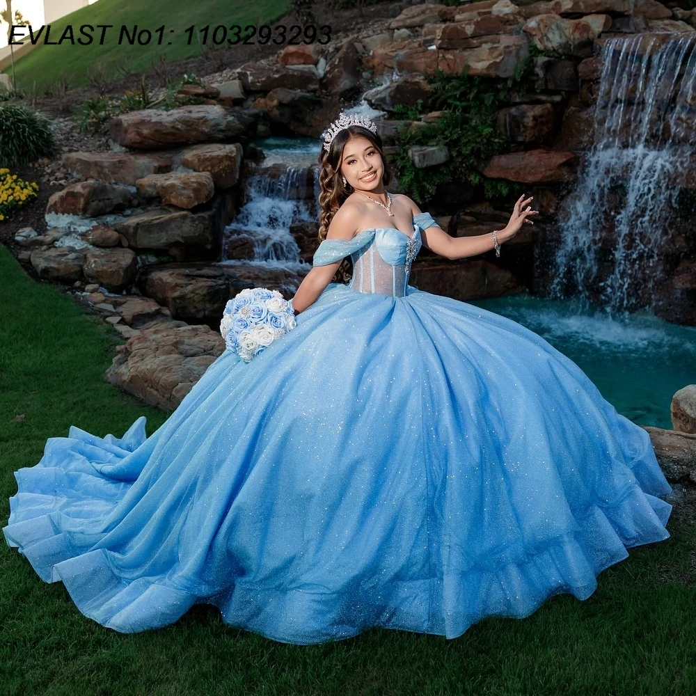 

EVLAST индивидуальное блестящее небесно-голубое бальное платье Quinceanera платье с блестящей аппликацией из бисера и кристаллами Sweet 16, Vestidos De 15 Anos E1Q916