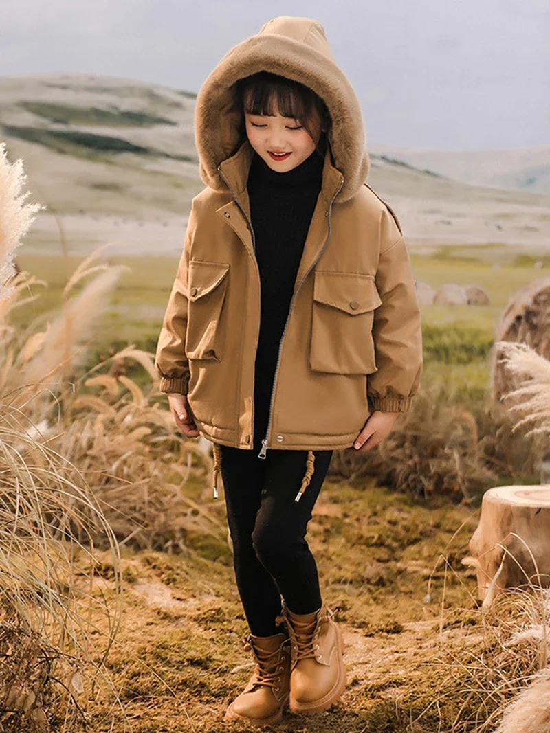 

New Arrived Girls Coats Winter Fashion Children's Plus Velvet Children Hooded Jacket Outwear Faux Fur Collar Boys Clothes TR243