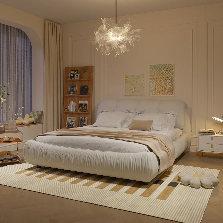#Modern Queen Size Luxury Upholstered Platform Bed With Oversized Padded Backrest And Solid Wood Frame