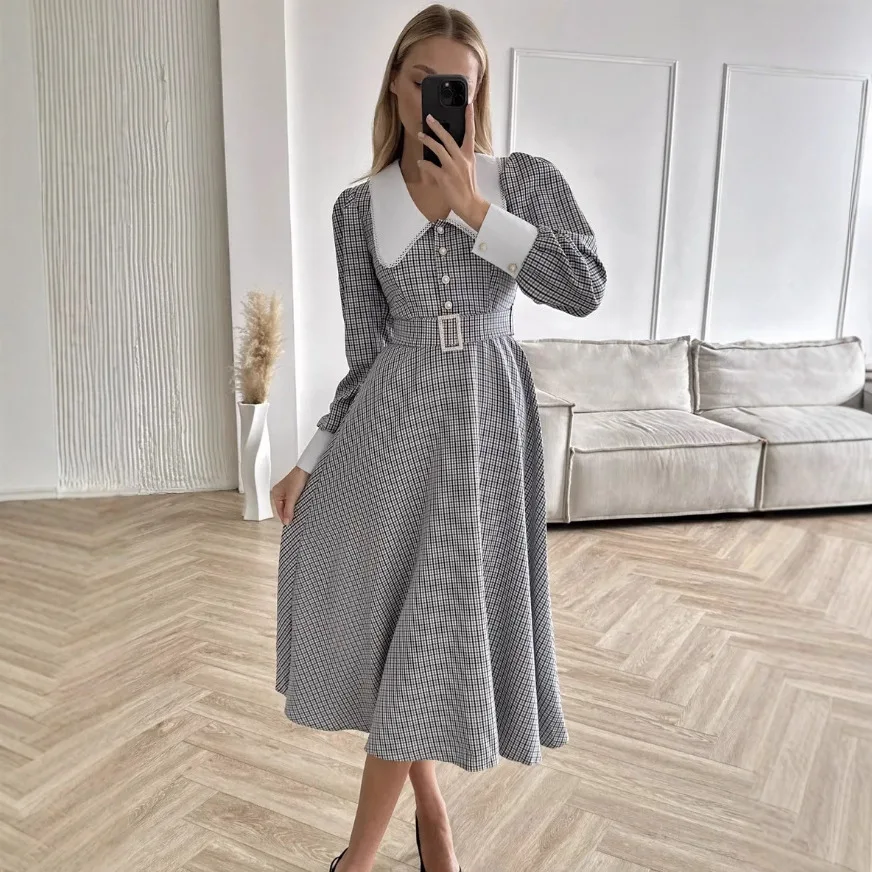 فستان أنيق ذو طية صدر السترة على الطراز الفرنسي ذو طية صدر السترة من الدانتيل منقوش أنيق بصدر واحد وأكمام منتفخة مع حزام خصر