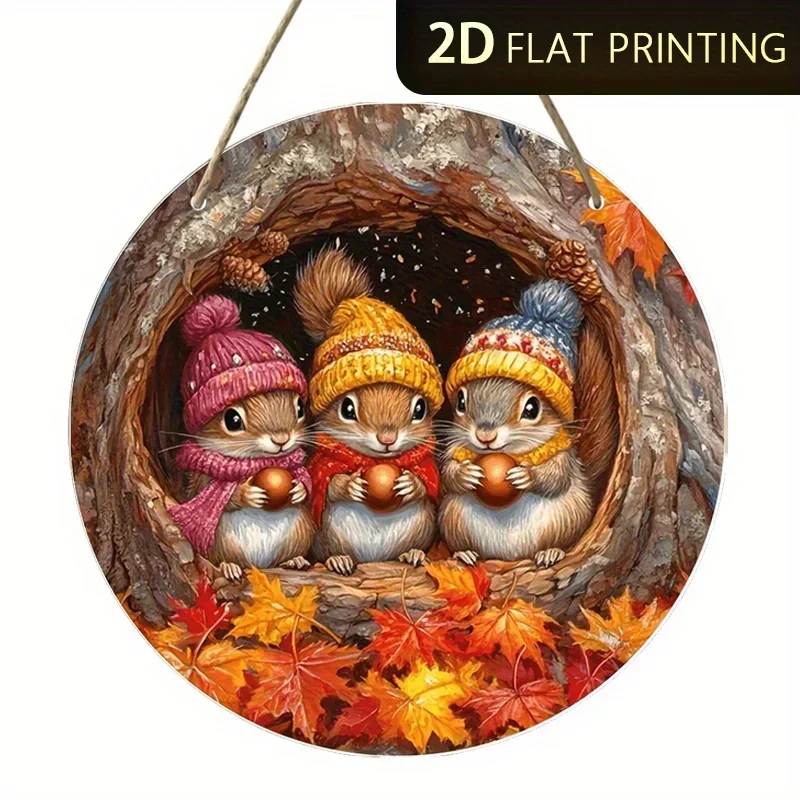 2D Flat, 2D Flat Vintage Wooden Wall Art - Autumn Squirrel Trio with Cozy Winter Hats & Fall Leaves Design, Recycled Wood Horizo