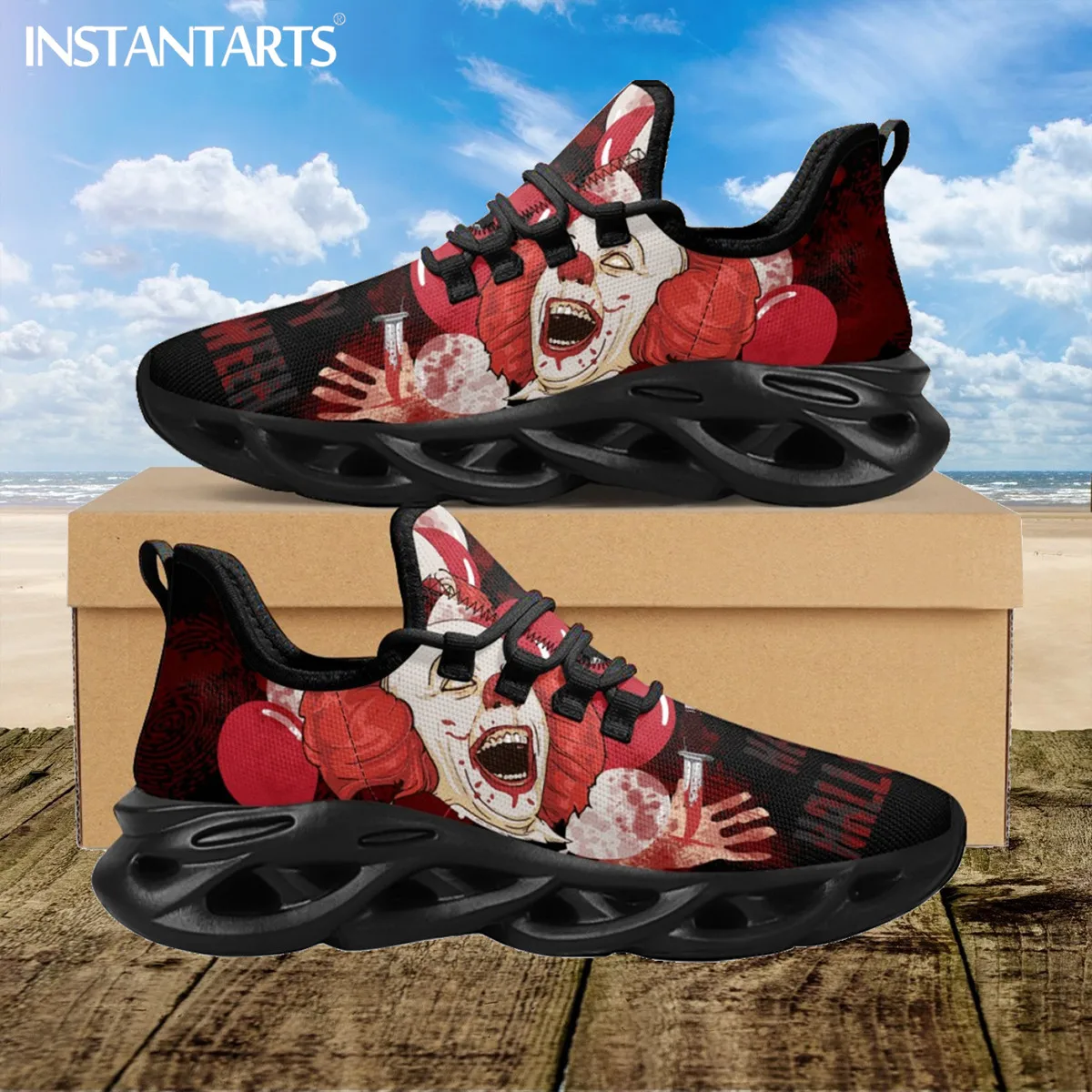 INSTANTARTS Horror Movie Pennywise Mesh Kintted Sneakers Breathable Men's Sneakers Clown Design Platform Shoes Casual Flats Gift