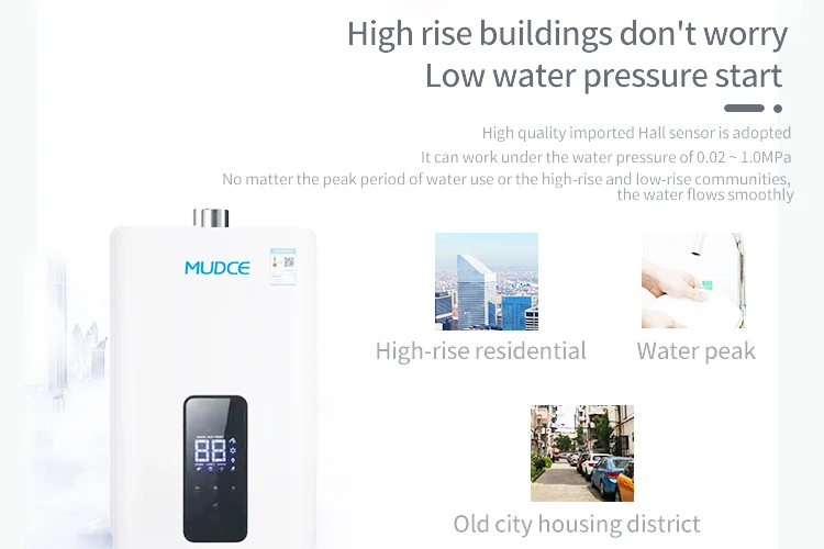 سخان مياه متطور 10L-16L رمادي فاتح بدون خزان، تحكم عالي الكفاءة بشاشة لمس LED مع تقنية التسخين الفوري