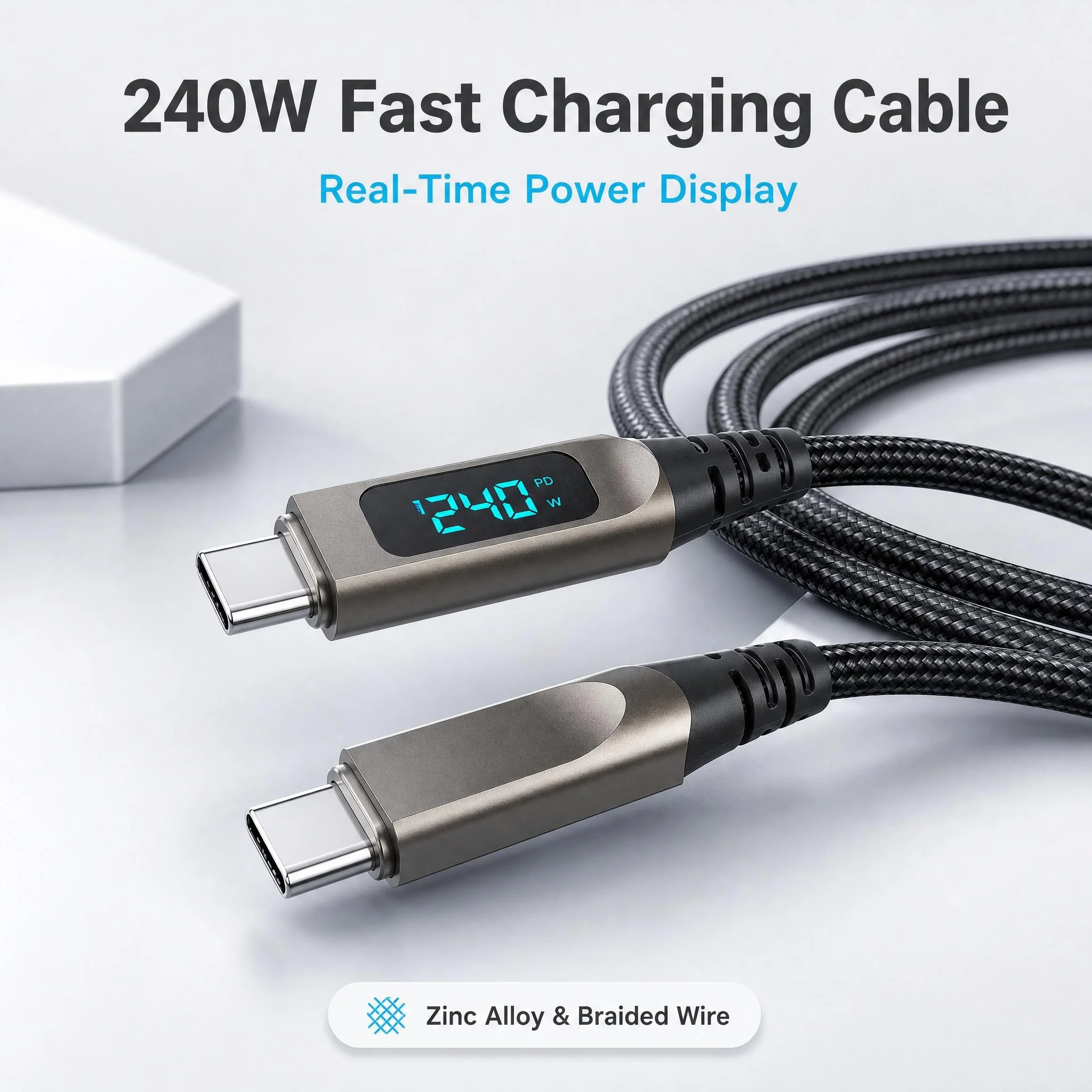 1.2m/2m  240W PD Fast Charging USB-C Cable, LED Digital Display Nylon Braided Dual Type-C Cord 480Mbps Data Sync