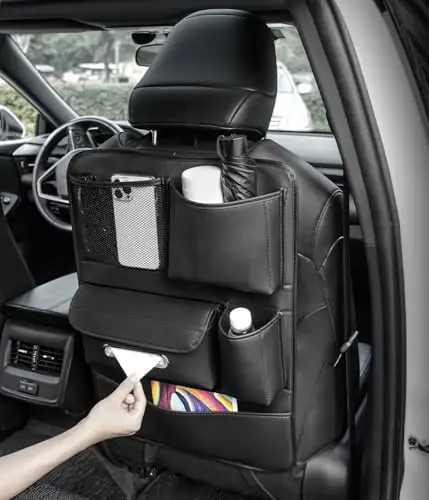 

Backseat Car Organizer with Tissue Holder & Anti-Dirty Pad – Multi-Function Leather Car Interior Accessory
