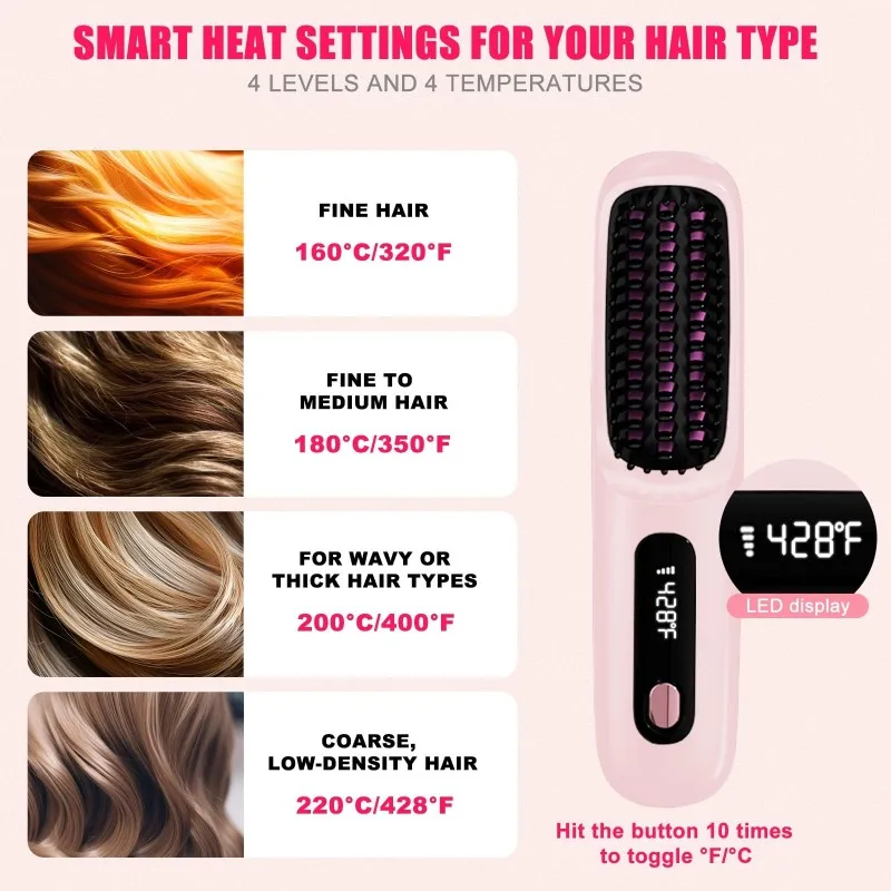 

【STOKED】Portable Mini LCD Display Wireless Hair Straightening Brush-199 Million Negative Ions Comb