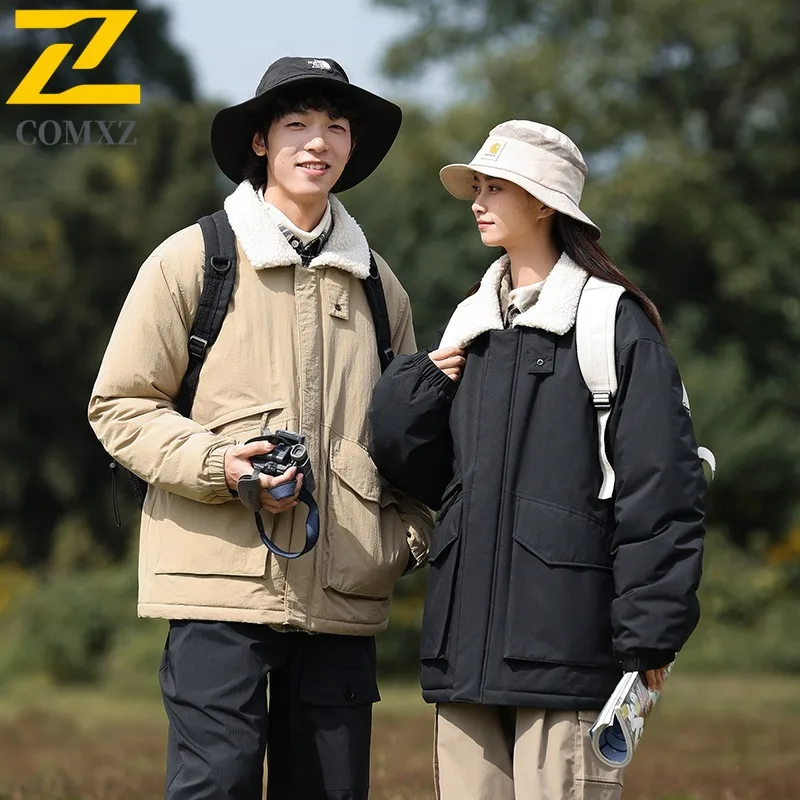 COMXZ 2025 الرجال النساء زوجين بلون الوقوف طوق شيربا اصطف ملابس العمل سترة الشتاء غير رسمية العصرية معطف خفيف الوزن #3