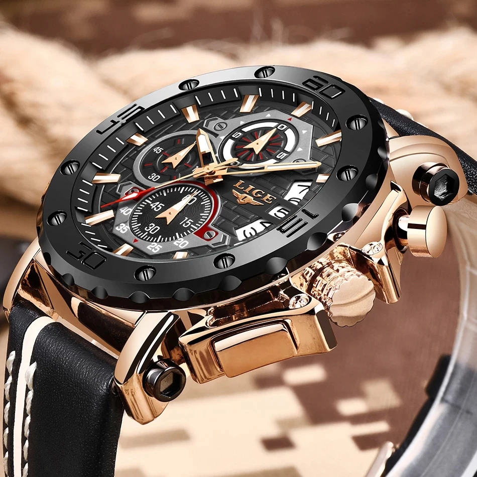 LIGE 2023 New Business Learther Mens Watches Top Brand Luxury Quartz Watch For Men Waterproof Sport Big Dial Military Wristwatch