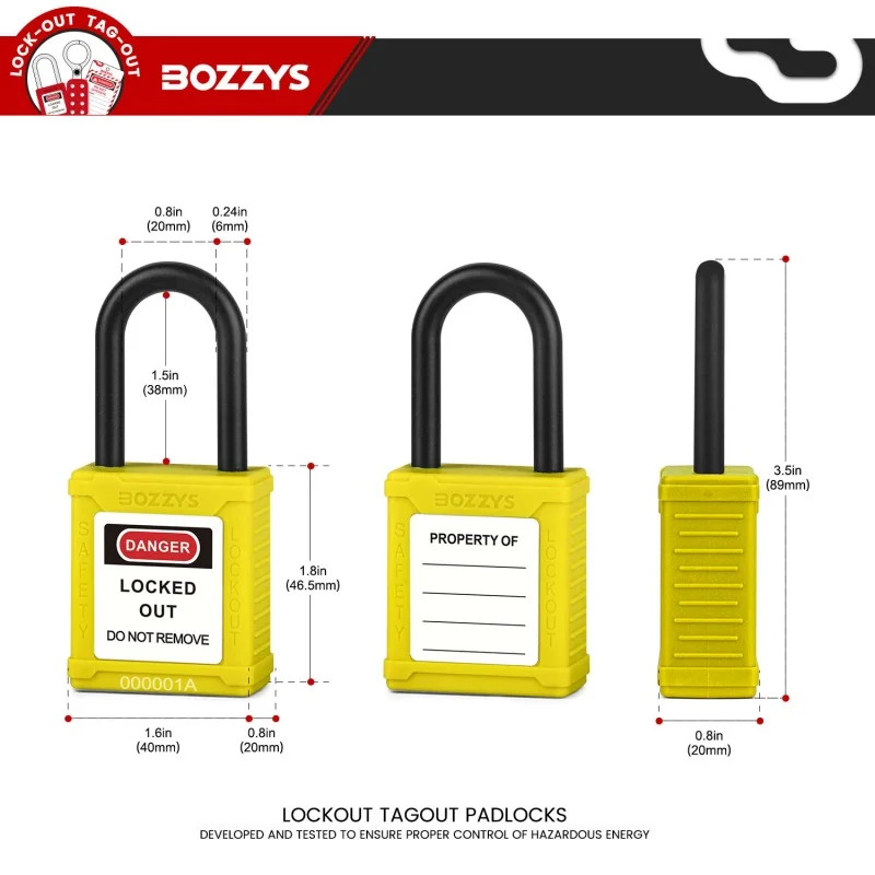 BOZZYS Yellow LOTO Insulated Safety Padlock, Keyed Different, 2 Keys Per Lock, Non-Conductive Shackle Locko
