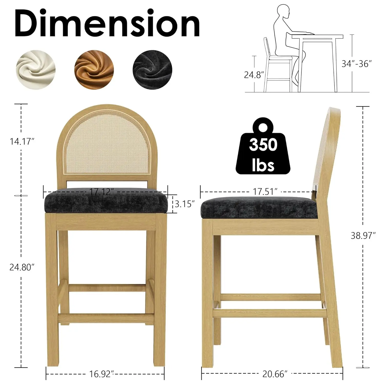 Bar Stools 2 Pcs Counter Height Wooden Woven Back & Chenille Seat Mid Century Kitchen Island Black, Customized