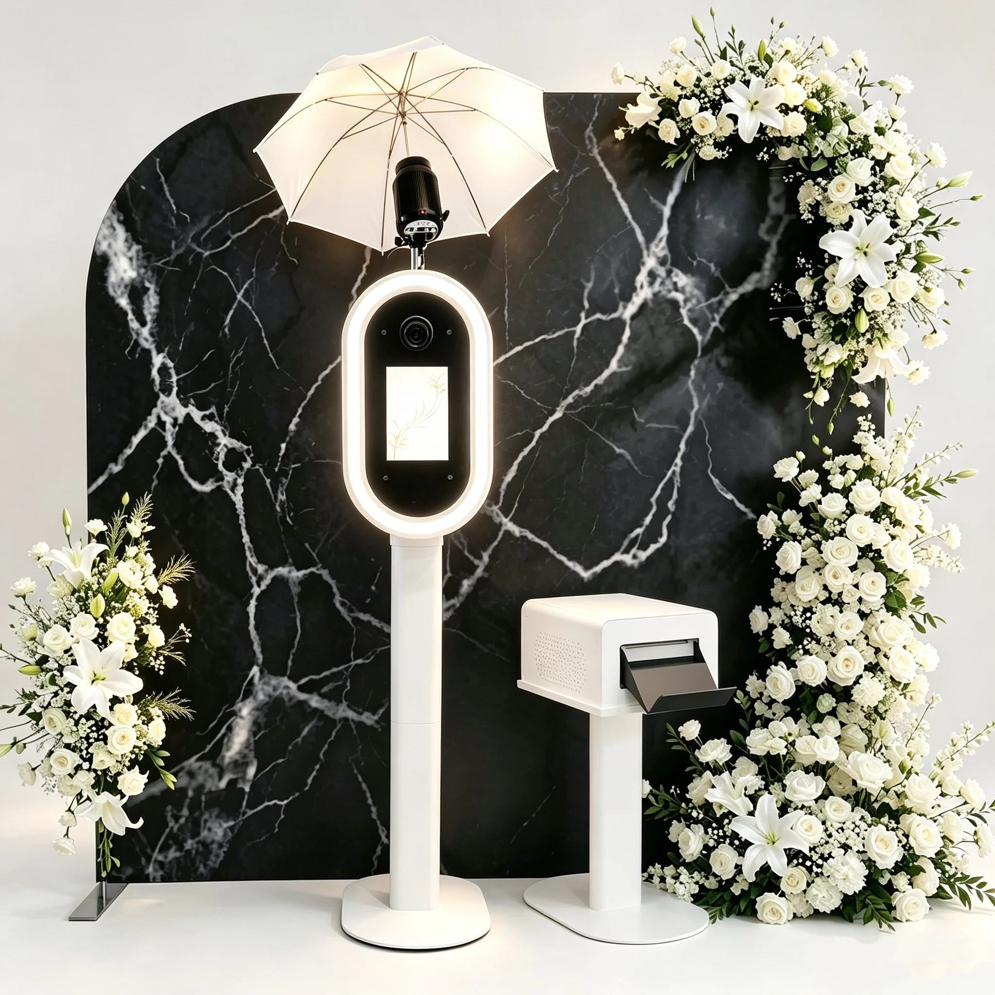 Elegant Arzzuca Oval DSLR Camera iPad Photo Booth Shell with LED RGB Ring Light Portable Wedding Photobooth Selfie Stand