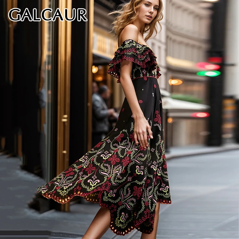 

GALCAUR Embroidery Floral Maxi Dresses For Women Slash Neck Short Sleeve Backless High Waist Slimming Folds Dress Female Summer