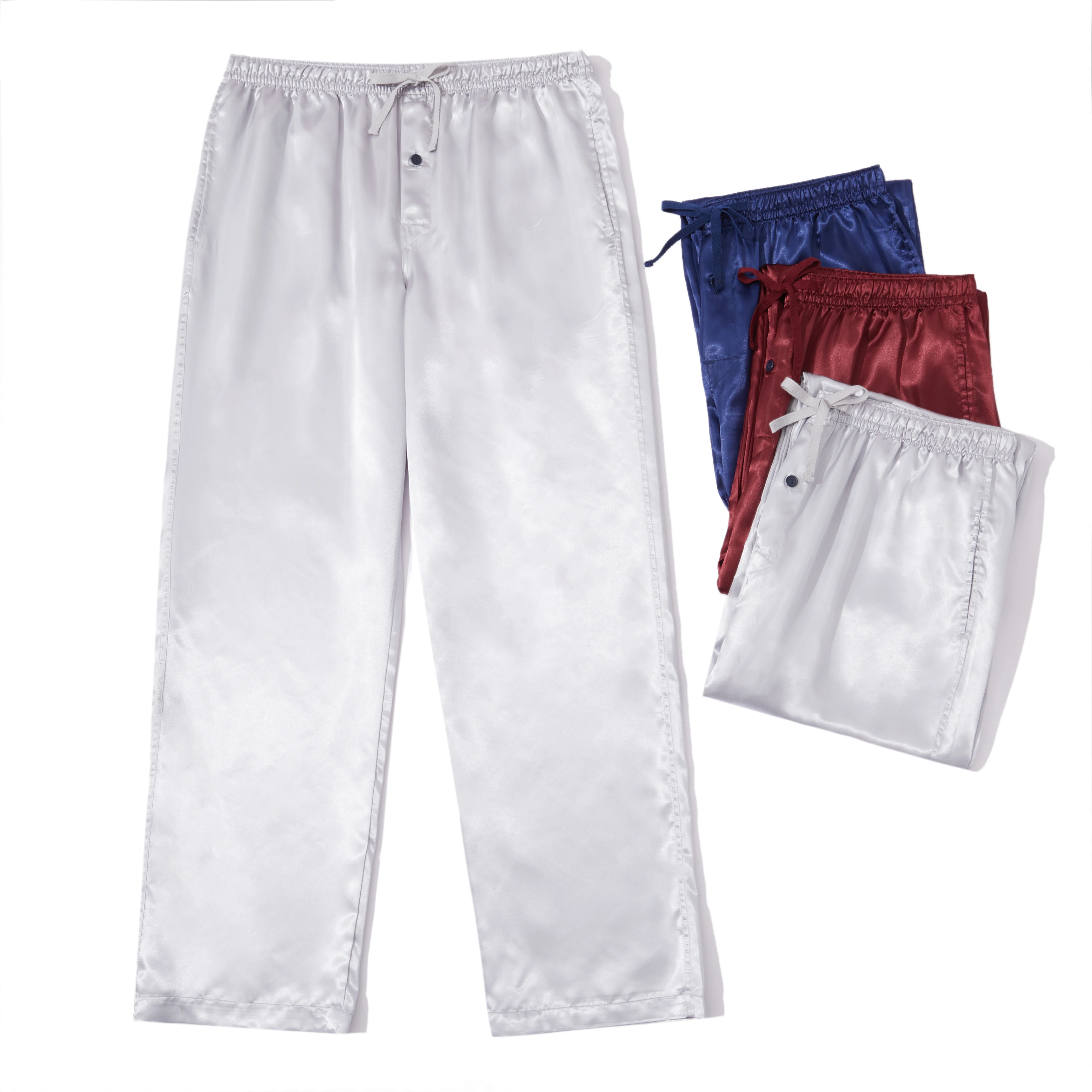3pcs Men's Pajama Pants Autumn Satin Comfy with Elastic Waistband and Pockets Solid Color Casual Sleepwear