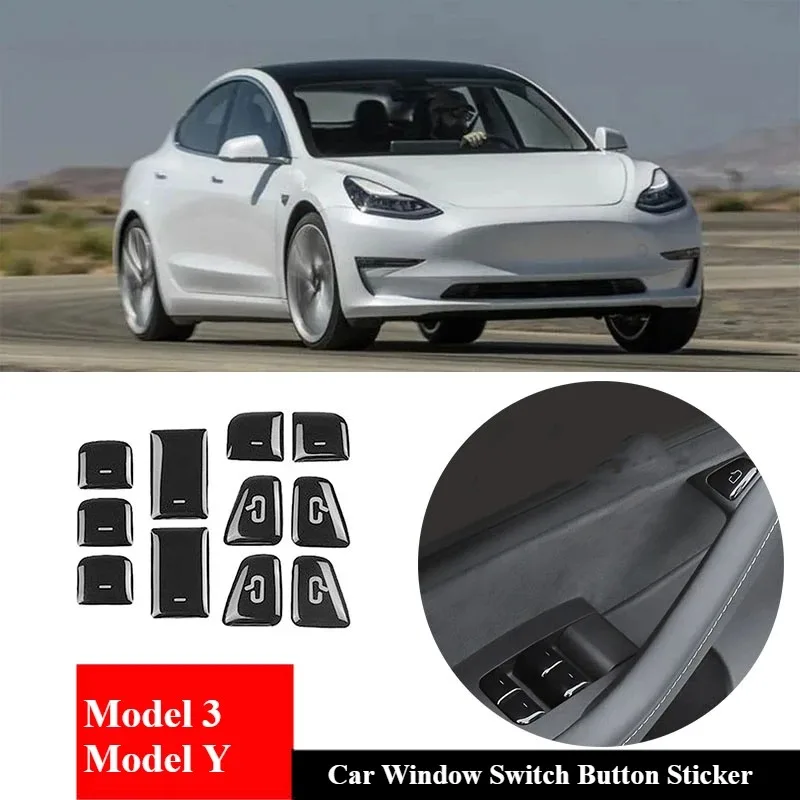ل تسلا نموذج 3 نموذج Y 2017-2023 11 قطعة نافذة السيارة التبديل زر لاصقة تزيين زر الباب ملصق الملحقات الداخلية