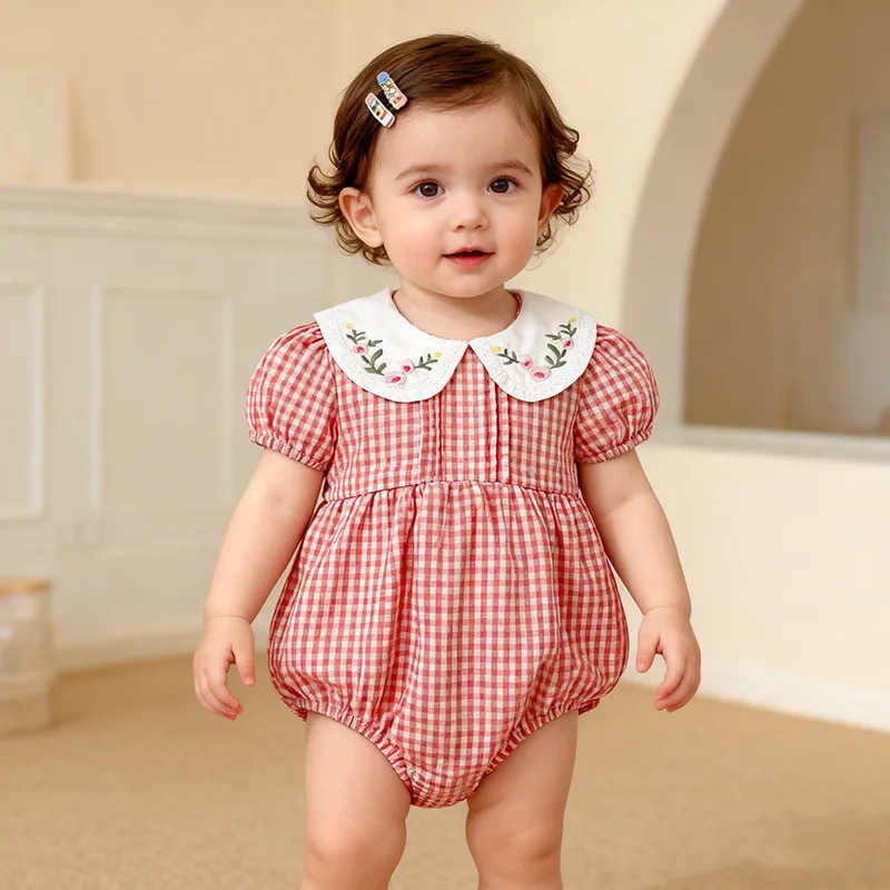 2026 Summer Baby Girl Bodysuit Romper Pink Plaid Doll Collar Embroidery Dress Sister Matching Outfits for Newborn Kids