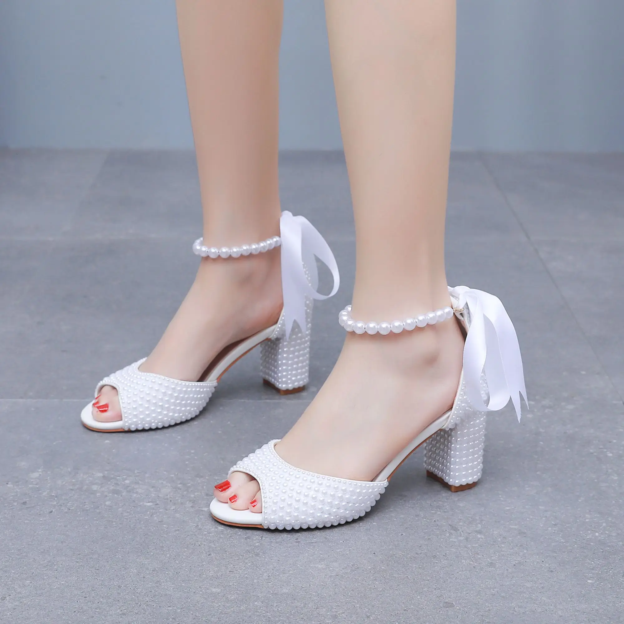 Crystal Queen White LacePu Pearl Women Summer Shoes Strap Square Party Dress Sandals Bride Evening Formal High Heels