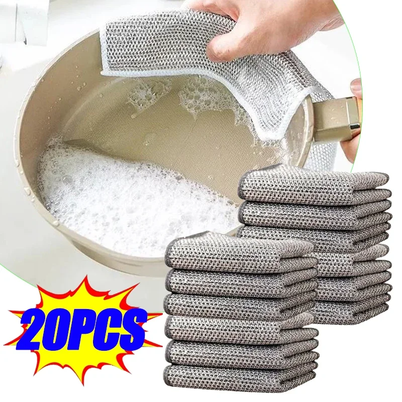 New Thickened Steel Wire Cleaning Cloth Non-Scratch Double-layer Iron Microfiber Mesh Dishrag Washing Pot Rags Kitchen Supplies