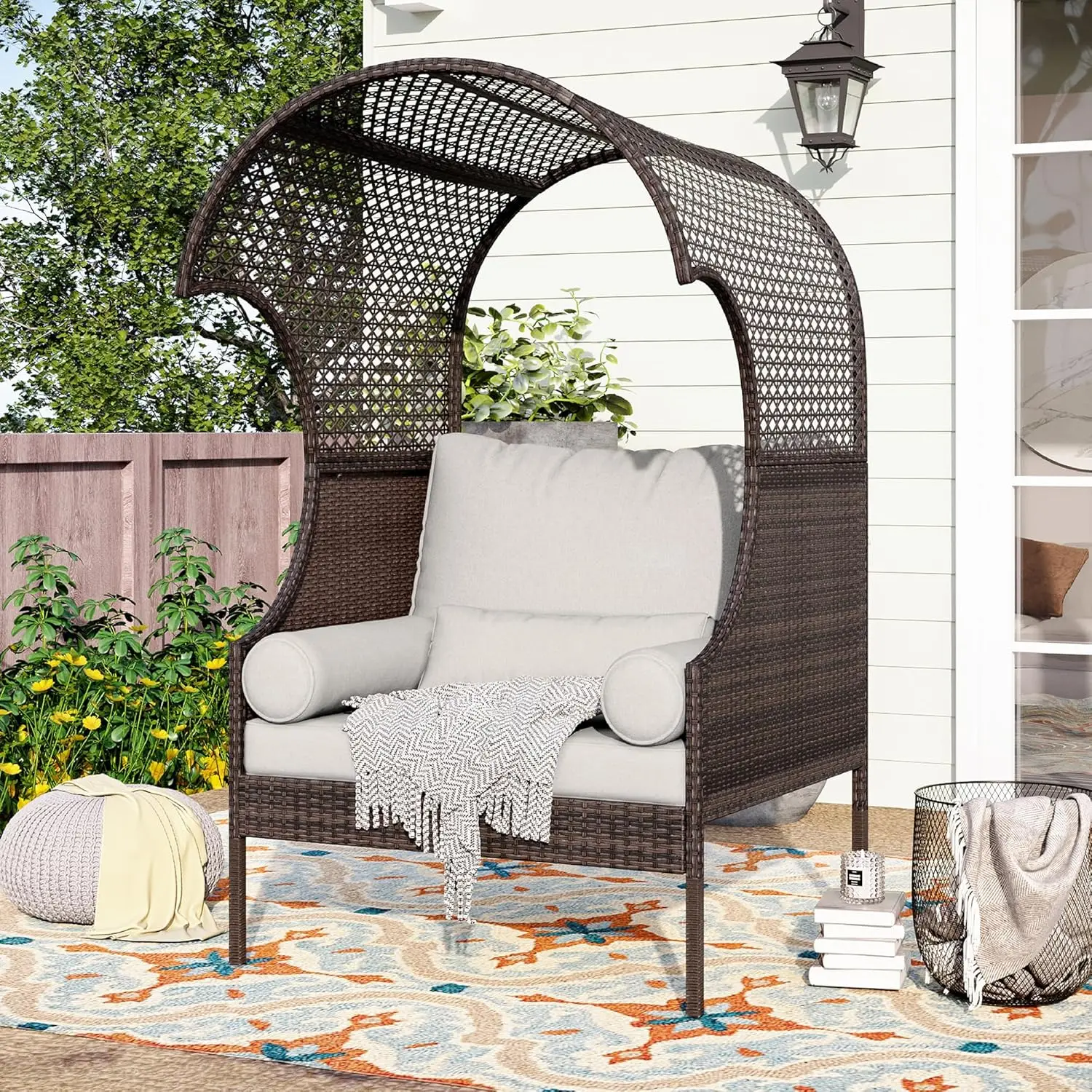 Outdoor Wicker Egg Chair, Oversized Lounge Chair with Cushion, Large Brown Basket Rattan Chair for Patio, Porch,Garden, Balcony