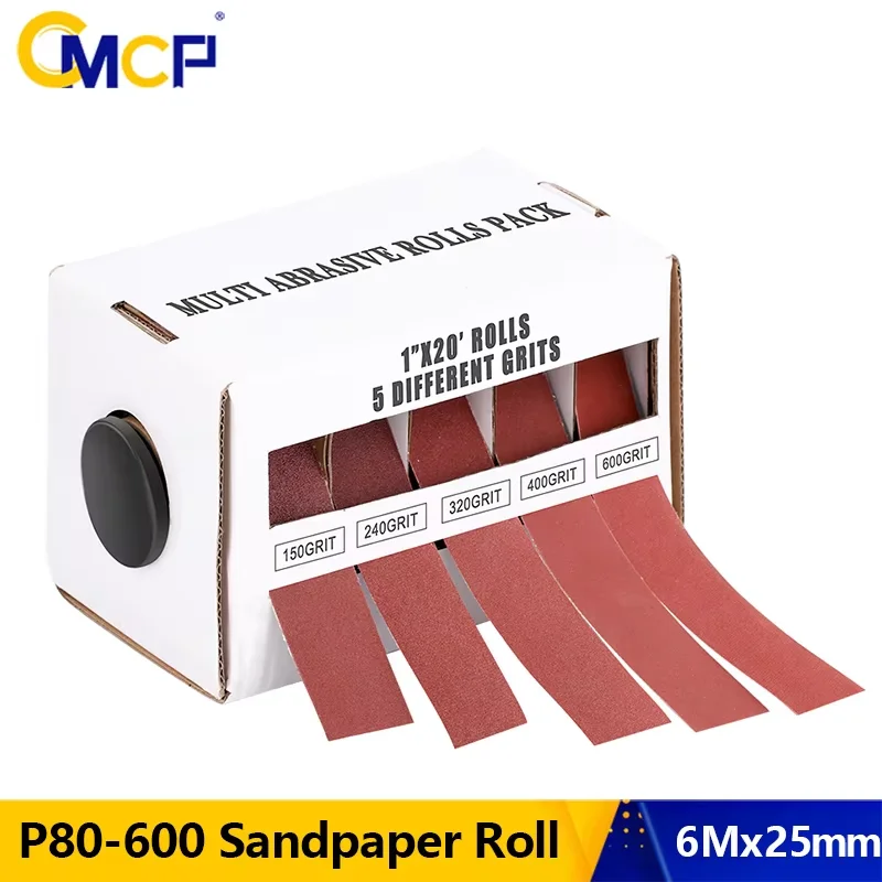 CMCP 1/4/5/6 Schleifwerkzeug-Schleifpapierrolle, 6 Meter, 25 mm Breite, Körnung 80–600, Trockenschleifen, Schmirgel-Schleifband, ausziehbares Schleifpapier
