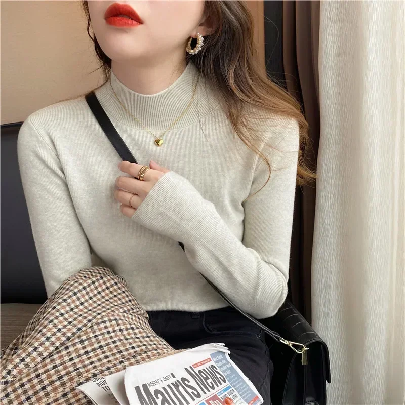 

Autumn Winter New Fashion Knitted Solid Base Lady Tops Half High Collar All-match Long Sleeve Casual Slim Women's Sweater 30939