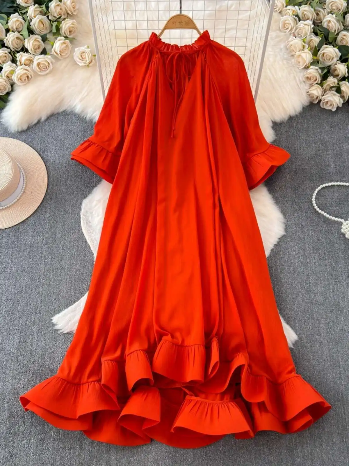 

Elegant Ruffle Evening Long Dresses Women Summer Autumn Holiday Light Luxury Palace Style Bubble Sleeves Loose Midi Party Dress
