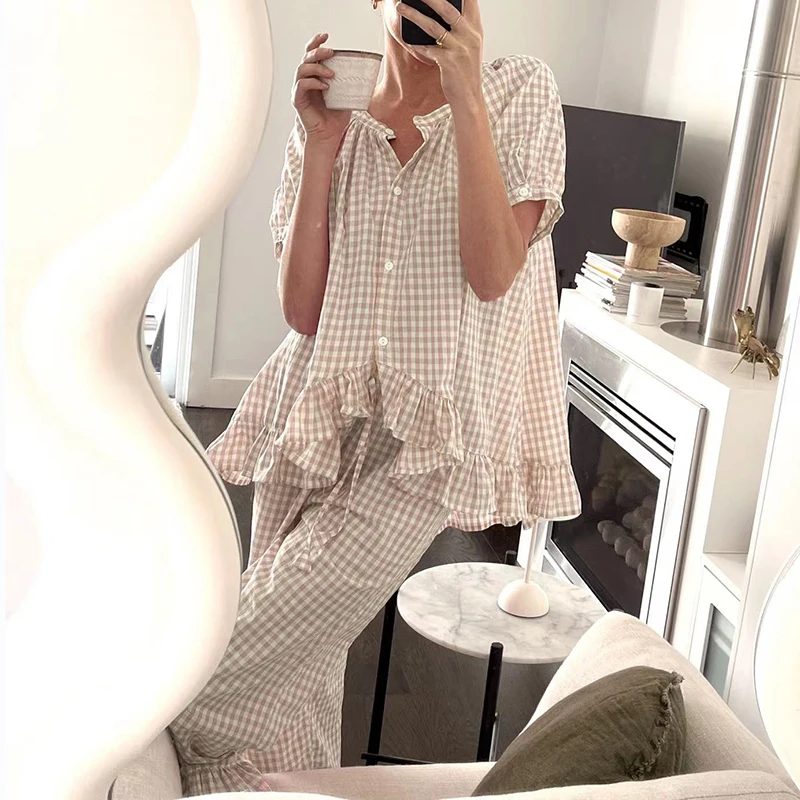 Spring Plaid Print Homewear Women Set Sexy Low Collar Button Ruffle Shirt Top Long Pants Outfit Summer Short Sleeve Leisure Suit