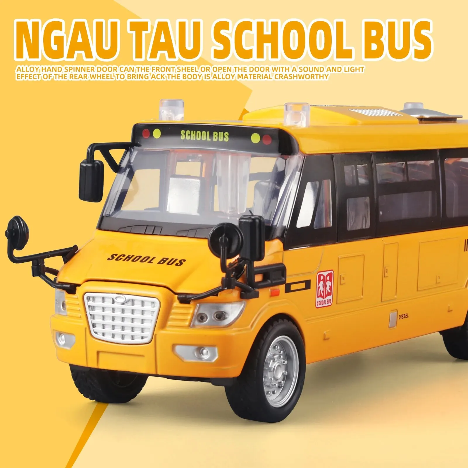 Mainan Bus sekolah 1:24, mobil Model tarik mundur Die Cast, dengan Lampu & suara, pintu dapat dibuka, kendaraan mainan logam kuning besar