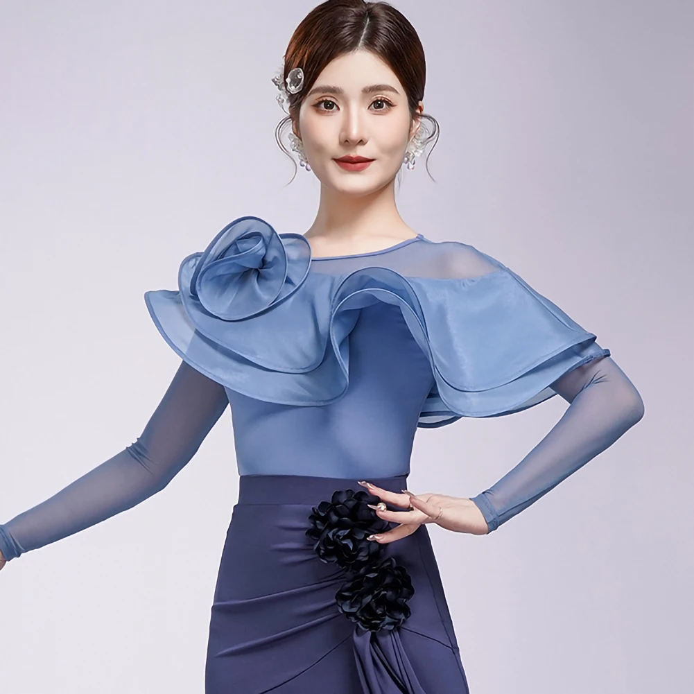 

Новый латинский танец, красная линия, темно-синий топ, костюм для выступлений, черный женский костюм с круглым вырезом, 2025 г., фиолетовый, дождевик, синий, элитный топ