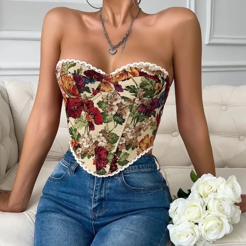 Abrini Y2K Street Sleeveless Bare Shoulder Crop Top Sexy Lace Embroidery Floral Backless Strapless Bandage Vest Fishbone Corset