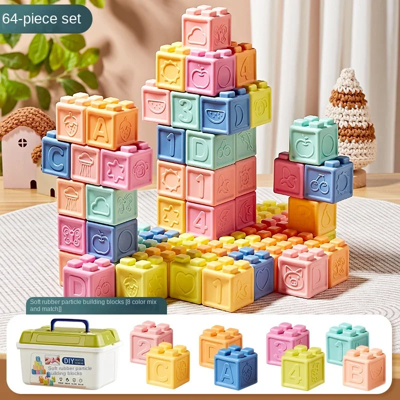 Miękkie gumowe klocki silikonowe dla niemowląt, zabawki do układania, gryzaki, edukacyjne zabawki do wczesnej nauki dla niemowląt w wieku 6 miesięcy