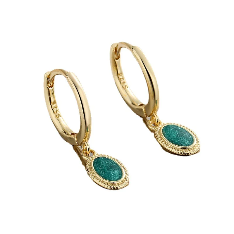 Korean 925 Sterling Silver Green Enamel Hoop Earrings for Women Girls Piercing Jewelry Women's Party Wedding Pendiente