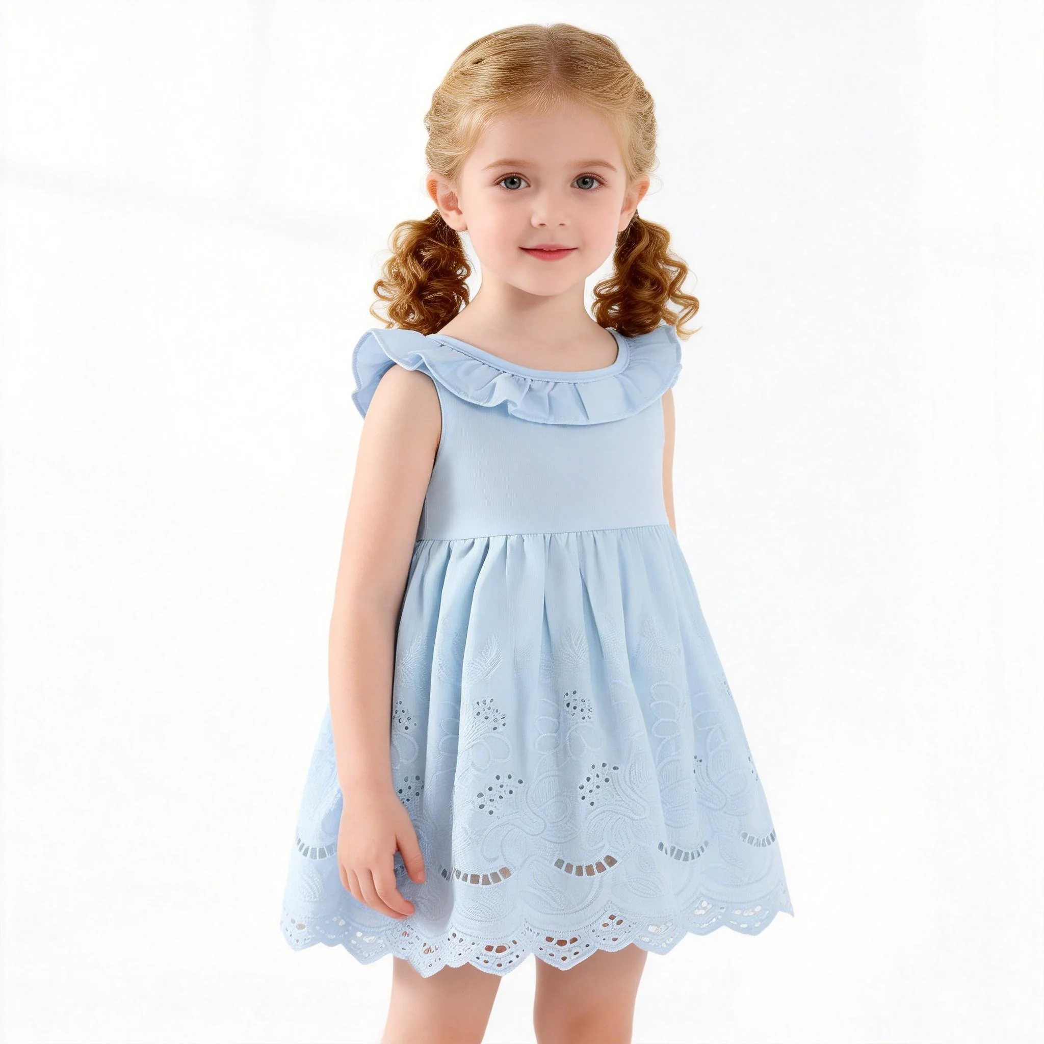 Modisches, ärmelloses, einfarbiges, lässiges, süßes Outdoor-Kleid für Mädchen im Sommer mit runden Kanten für den täglichen Gebrauch