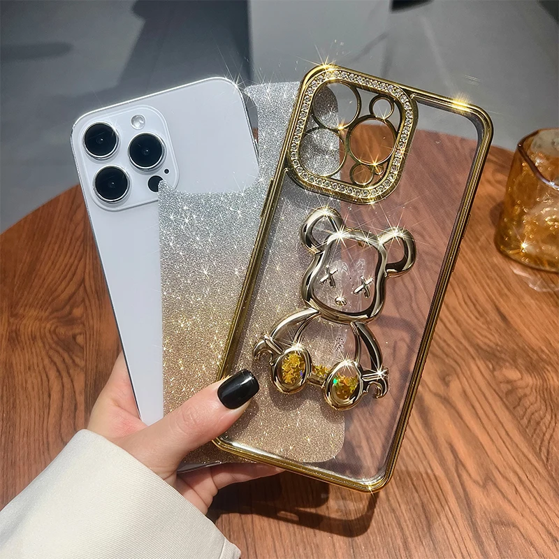 Glitter Teddy Bear Case with Lighting Luxury Fashion Cover For iPhone 17 ProMax Air 16 Pro 15 14 Plus 13 Pro Max 12 11 ProMax view 3