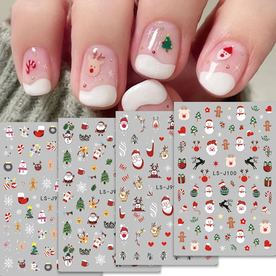 4 قطعة ملصقات أظافر عيد الميلاد ، كارتون سانتا كلوز ، هدية عطلة شجرة عيد الميلاد ، ملصقات أظافر الغراء الخلفي LS-J97-100 #5