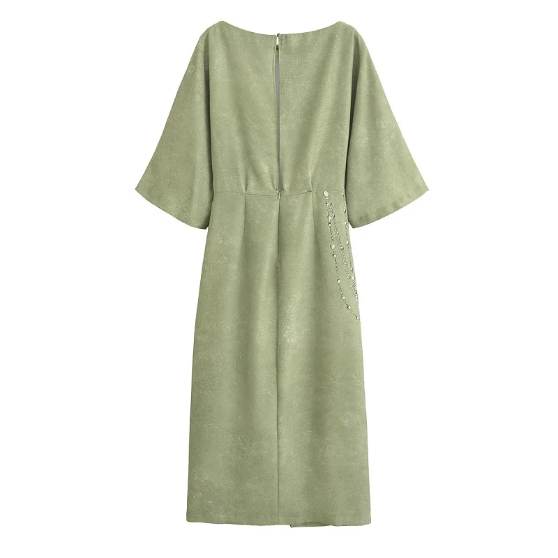 MUJER プリントチェーンミディドレス女性ドレープエレガントなパーティードレス女性のためのカジュアルラップ女性のドレスワイドスリーブ女性のドレス